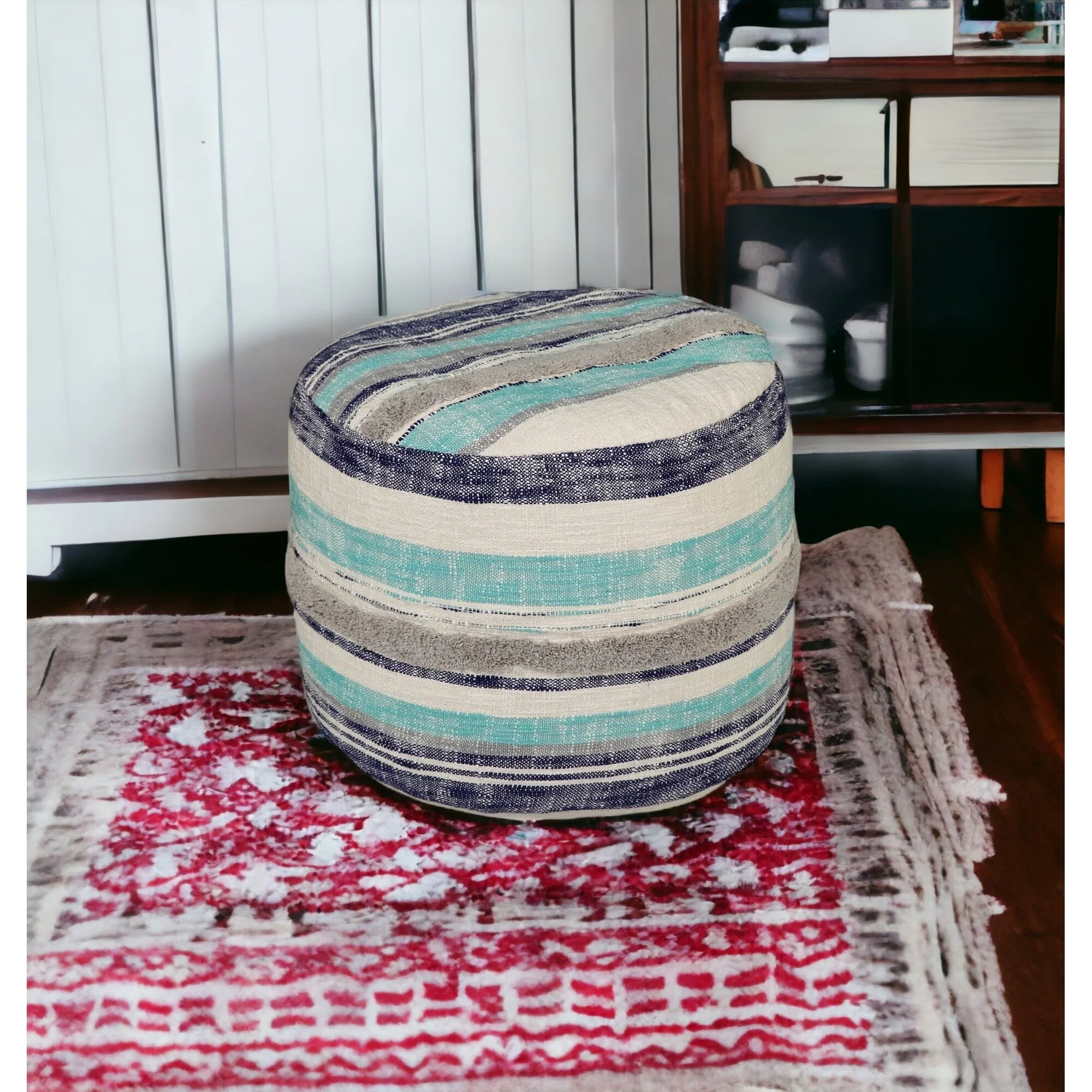 Blue Striped Pouf Ottoman with Cotton Upholstery and Removable Cover Ideal for Living Rooms