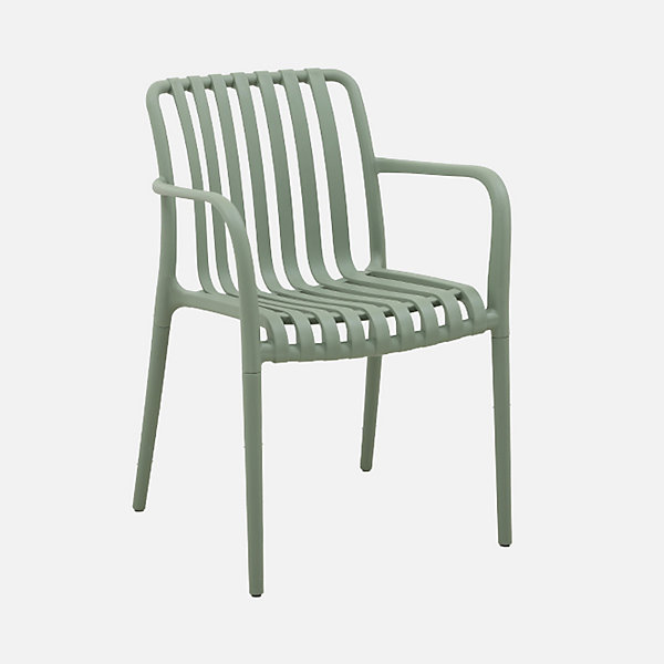 Lot de 4 fauteuils de jardin en plastique vert de gris. empilables. design linéaire