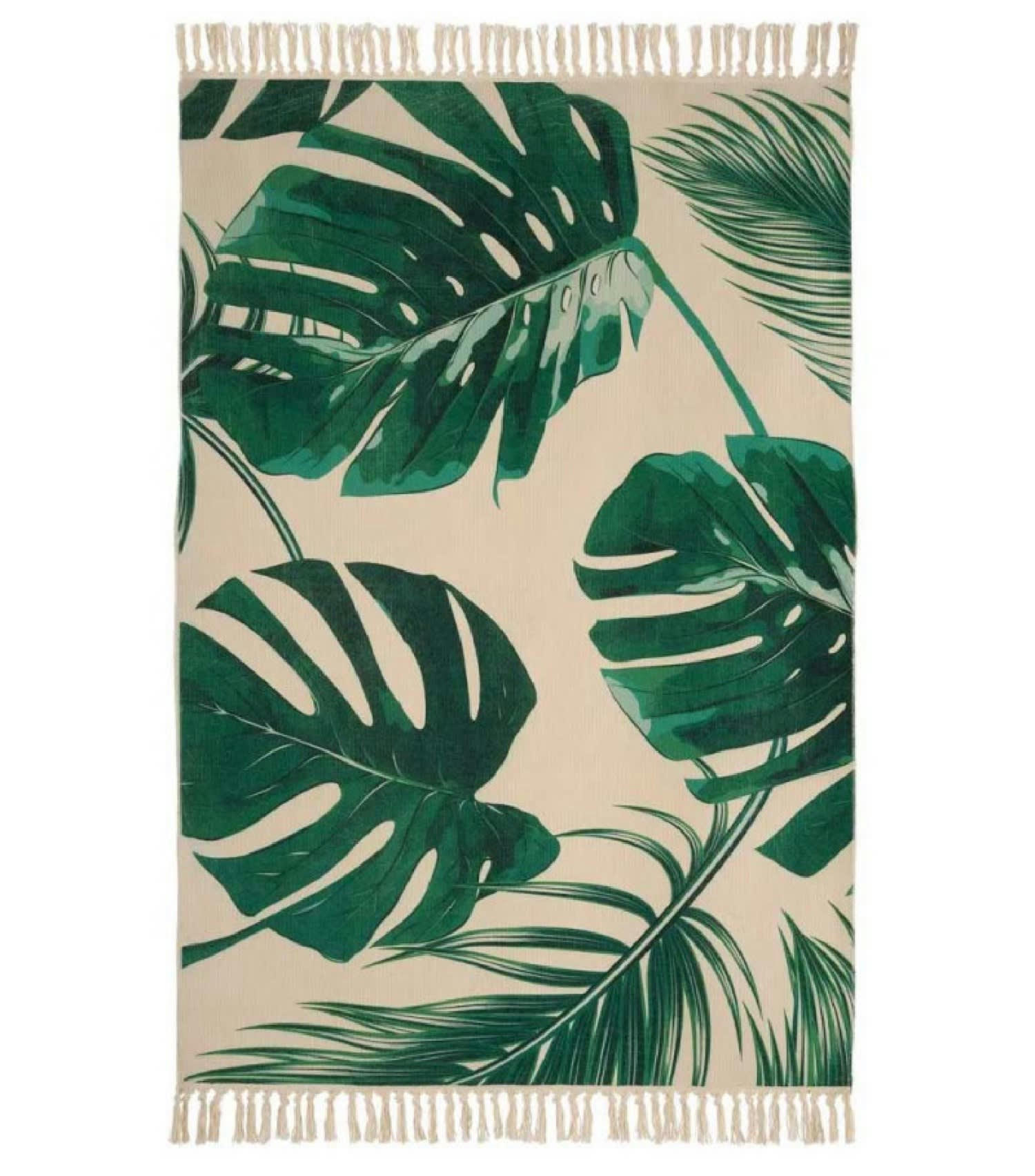 FEUILLES - Tapis coton et polyester feuilles tropicales vertes 120x180cm