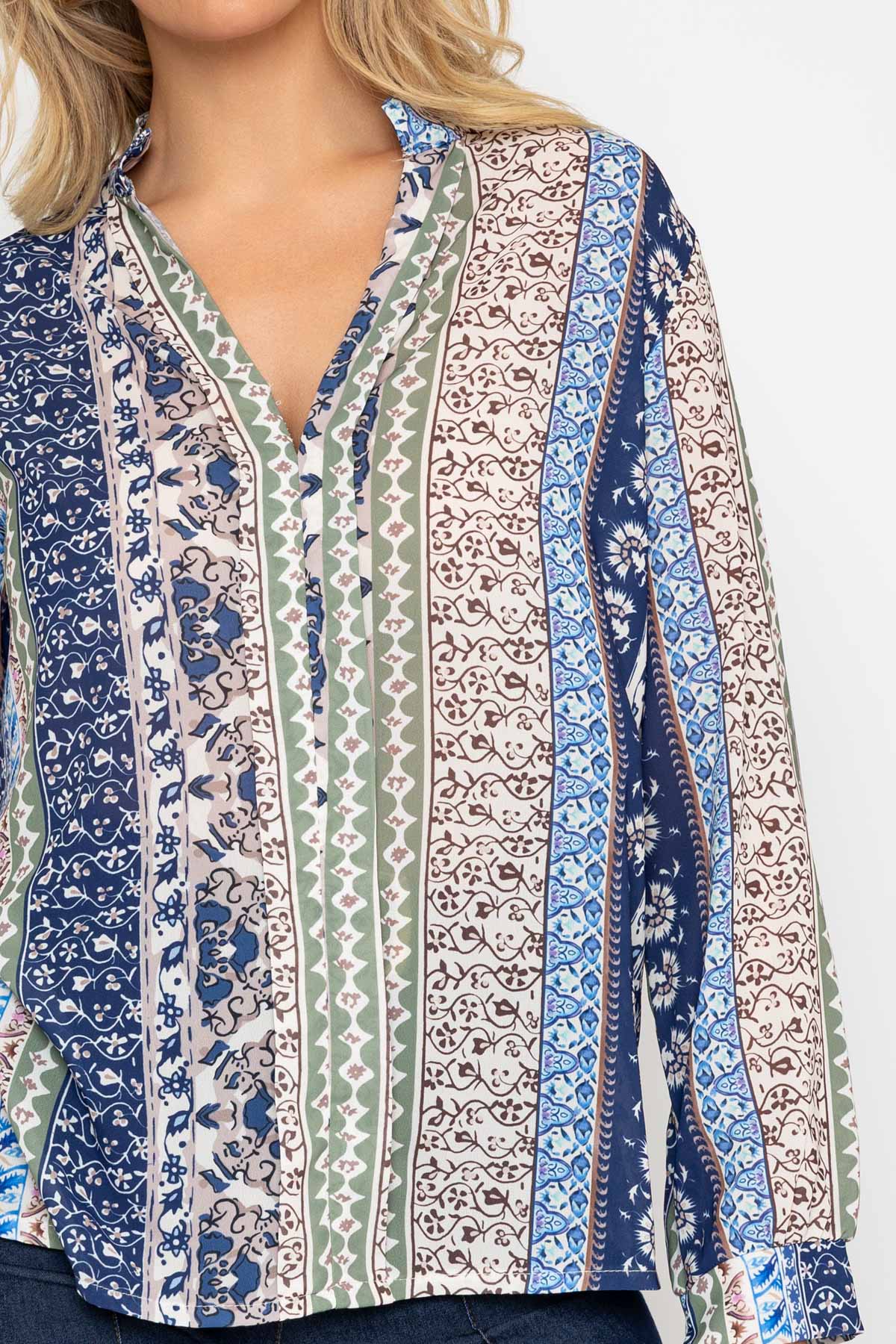 Blue Printed Collarless Long Sleeve Top