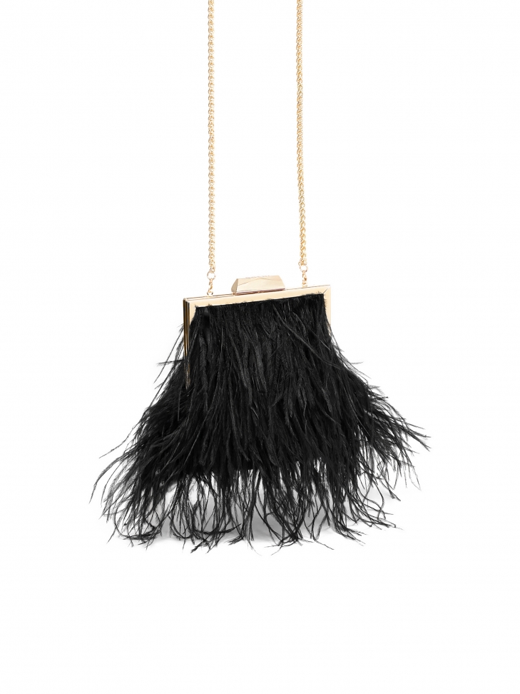 Black evening handbag with feathers