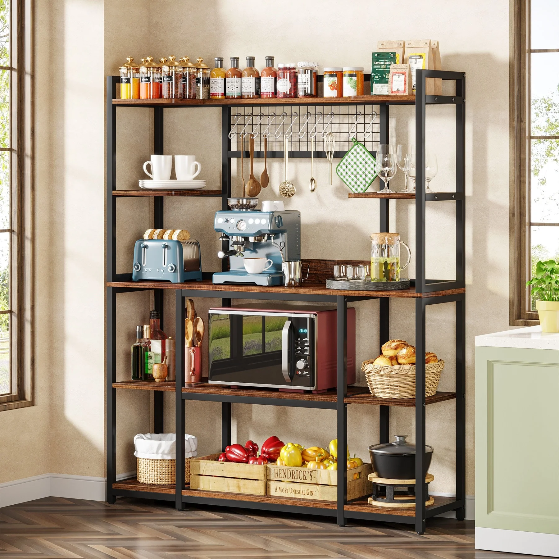 5-Tier Large Kitchen Bakers Rack, 55 Storage Shelf with 11 Hooks