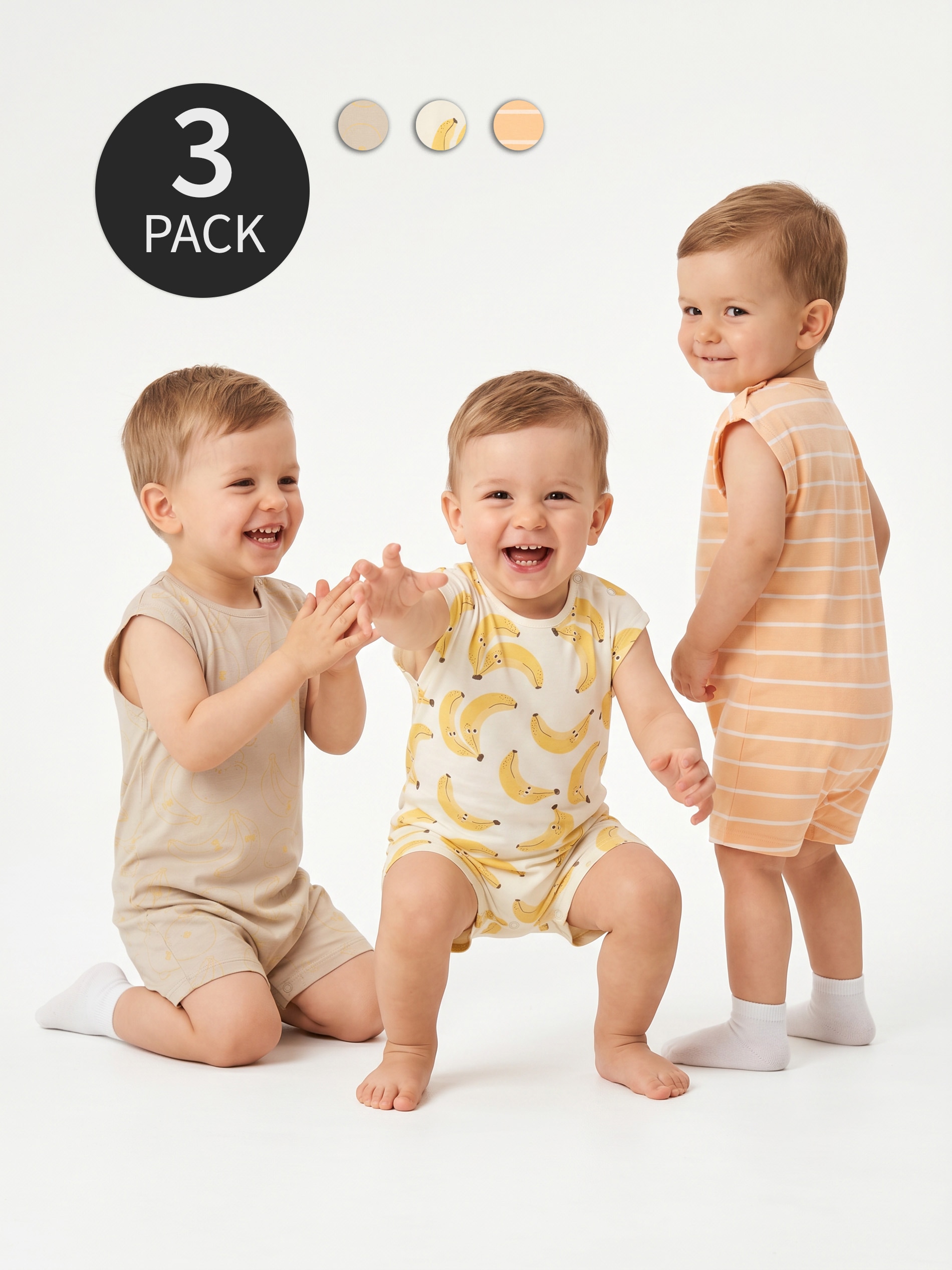 Bawełniane rampersy z motywem bananów 3 pack