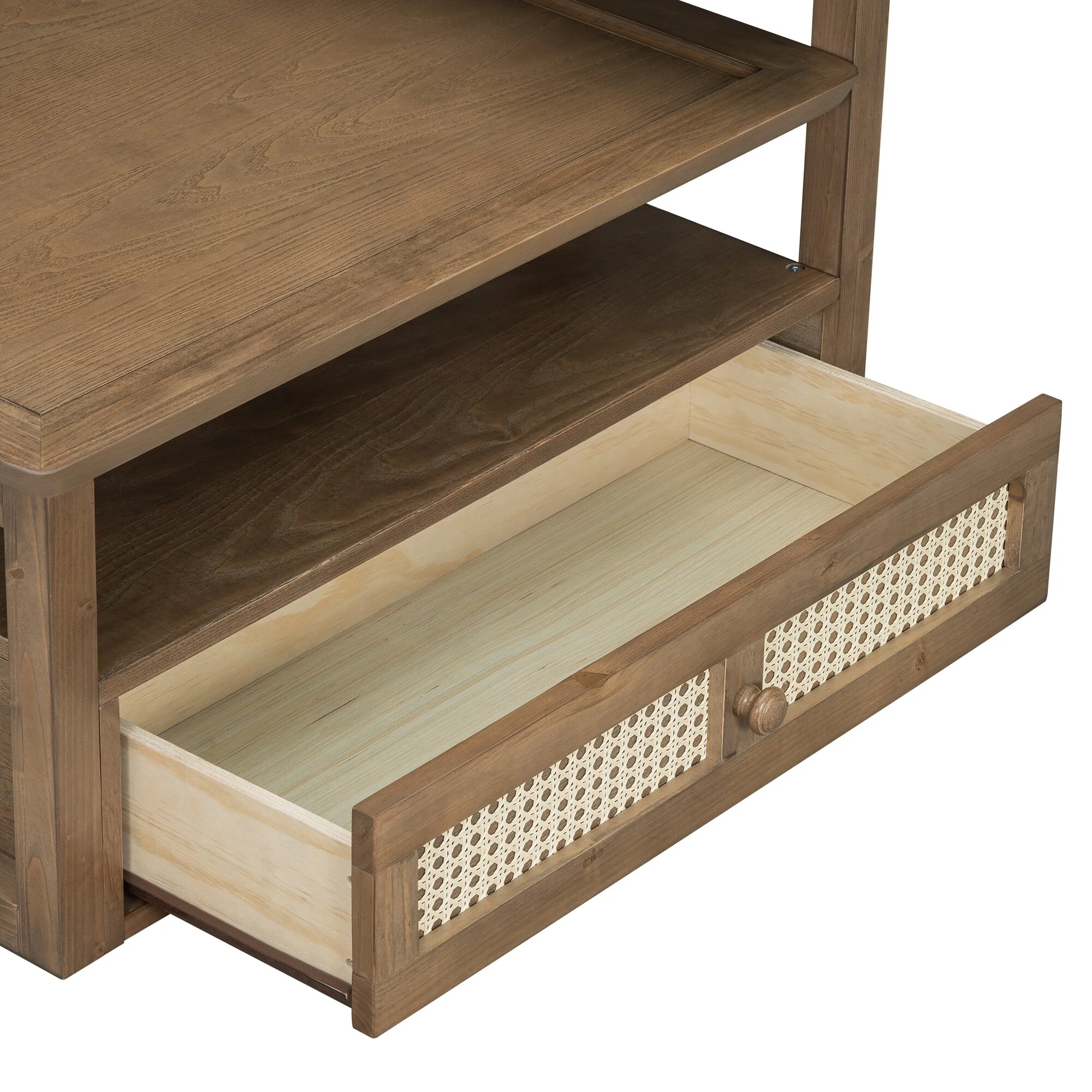 38.5 MDF Coffee Table with Rattan Drawer, Dual MDF Tabletops and Storage Shelf