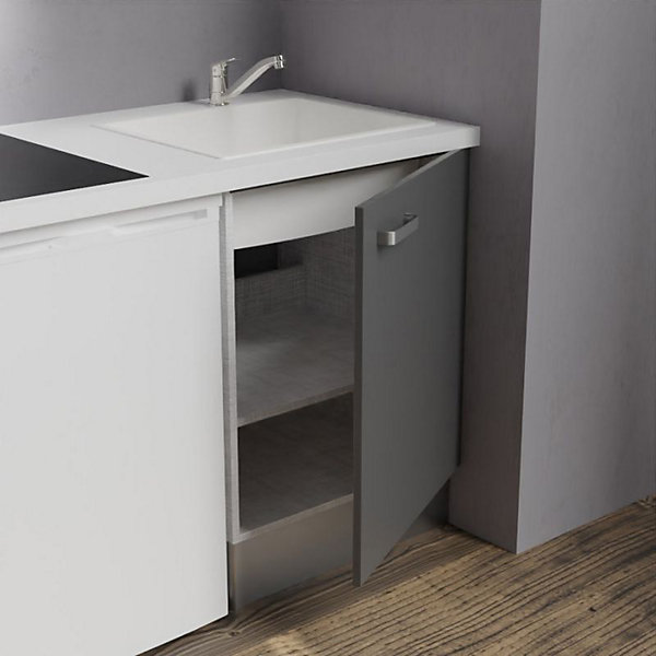 Kitchenette K02 - 120 cm - Façades : Gris - Plan de travail : Blanc - Crédences : Non - Evier Blanc