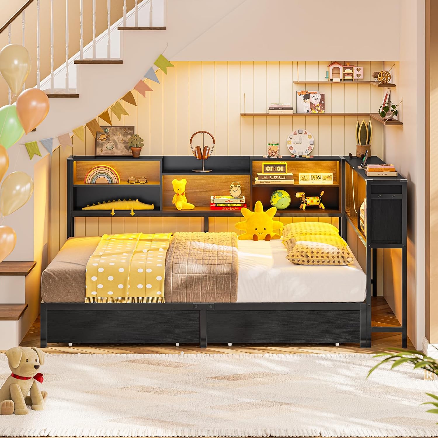 Hasuit Corner Bed Frame Full with 2 Drawers and Storage Bookcase, Daybed with Charging Station and LED Lights, Metal Platform Bed with Bookshleves, Full Size Bed Frame for Kids Teens Guests, Black