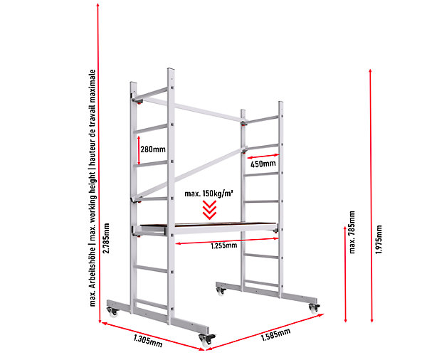AluCombine 1 300 hauteur de travail 3m echafaudage echellee traverse 4 roues echafaudage de roulement