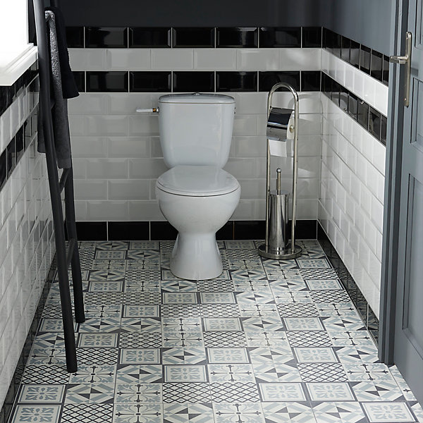 Dalle PVC adhésive effet carreaux de ciment noir et blanc L.30,5 x l.30,5 cm x ép.2 mm, GoodHome Poprock