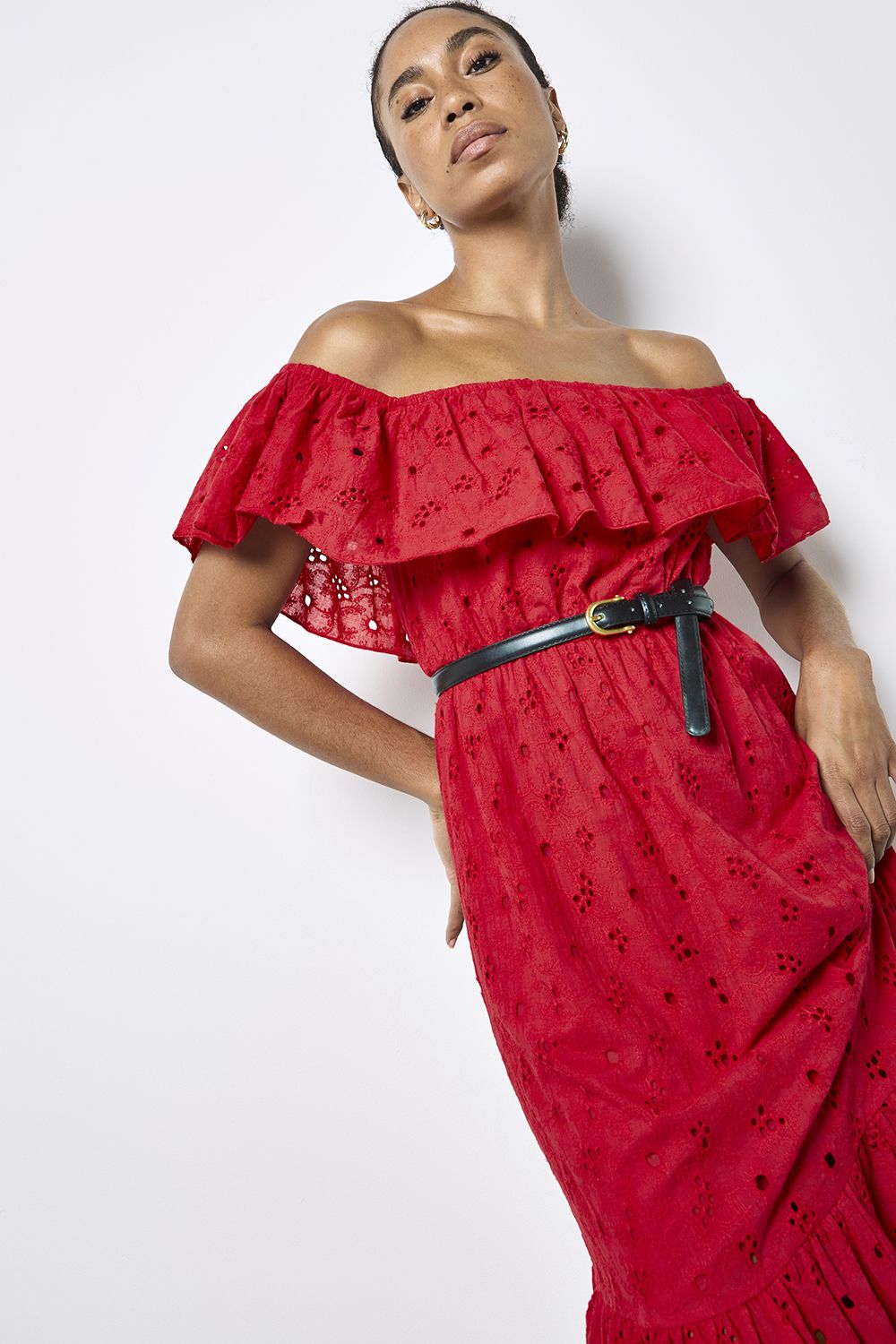 Apricot Bardot Cotton Broderie Maxi Dress