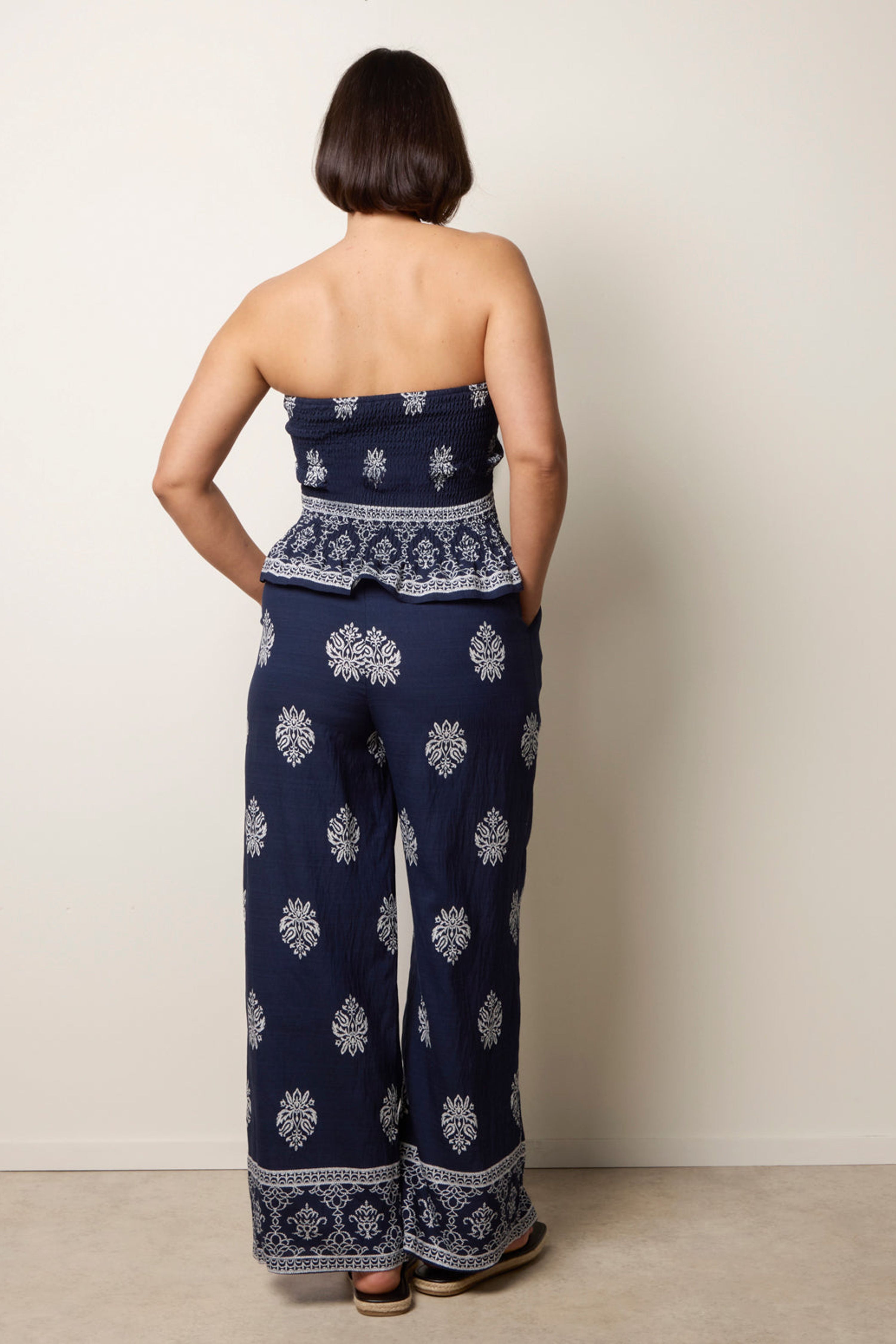 Blue Vanilla Navy Smocked Top & Wide-Leg Trouser Set
