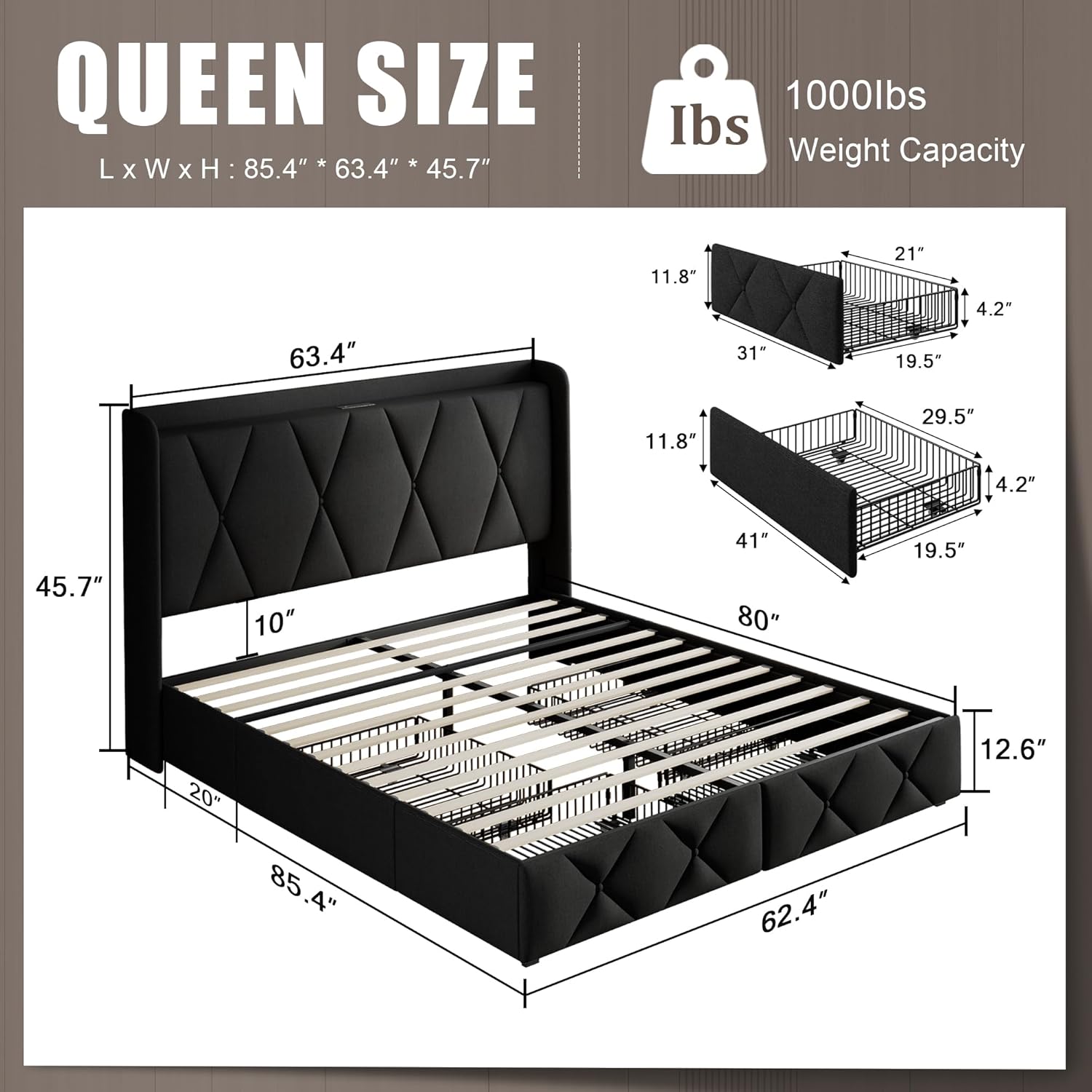 Queen Bed Frame with 4 Storage Drawers and Charging Station, Upholstered Platform Bed Frame with Storage Headboard, No Box Spring Needed, Easy Assembly, Black