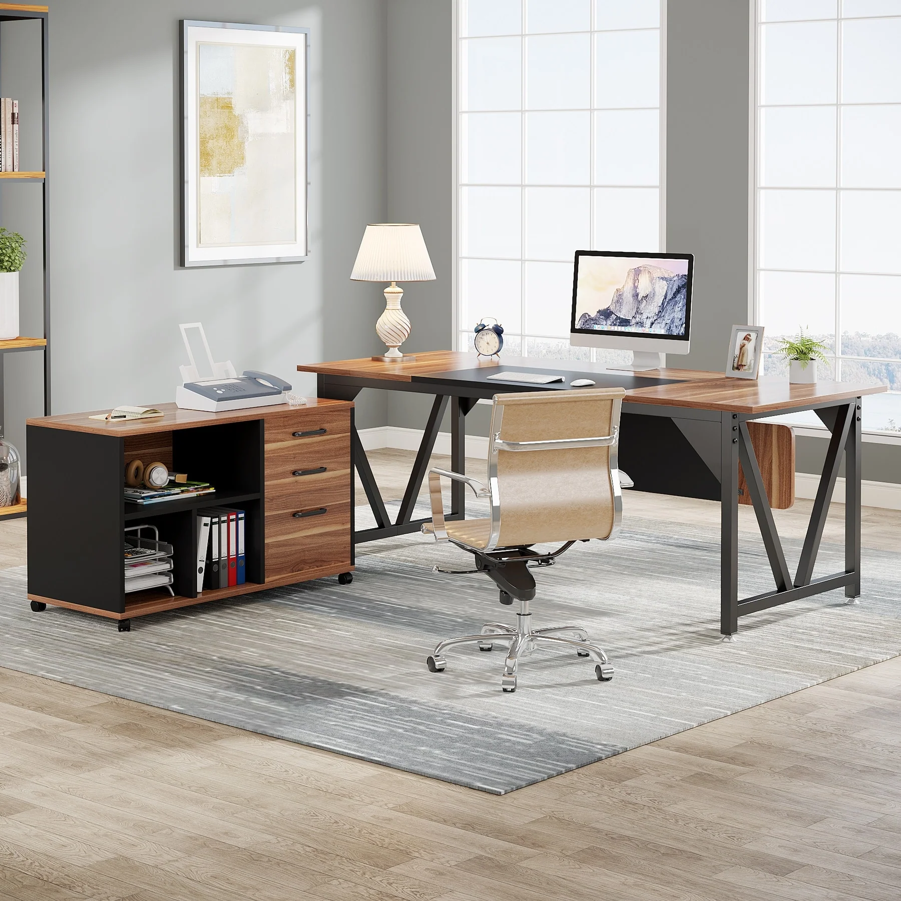 70.8 Executive Desk with 35.4 File Cabinet, L-Shaped Computer Desk