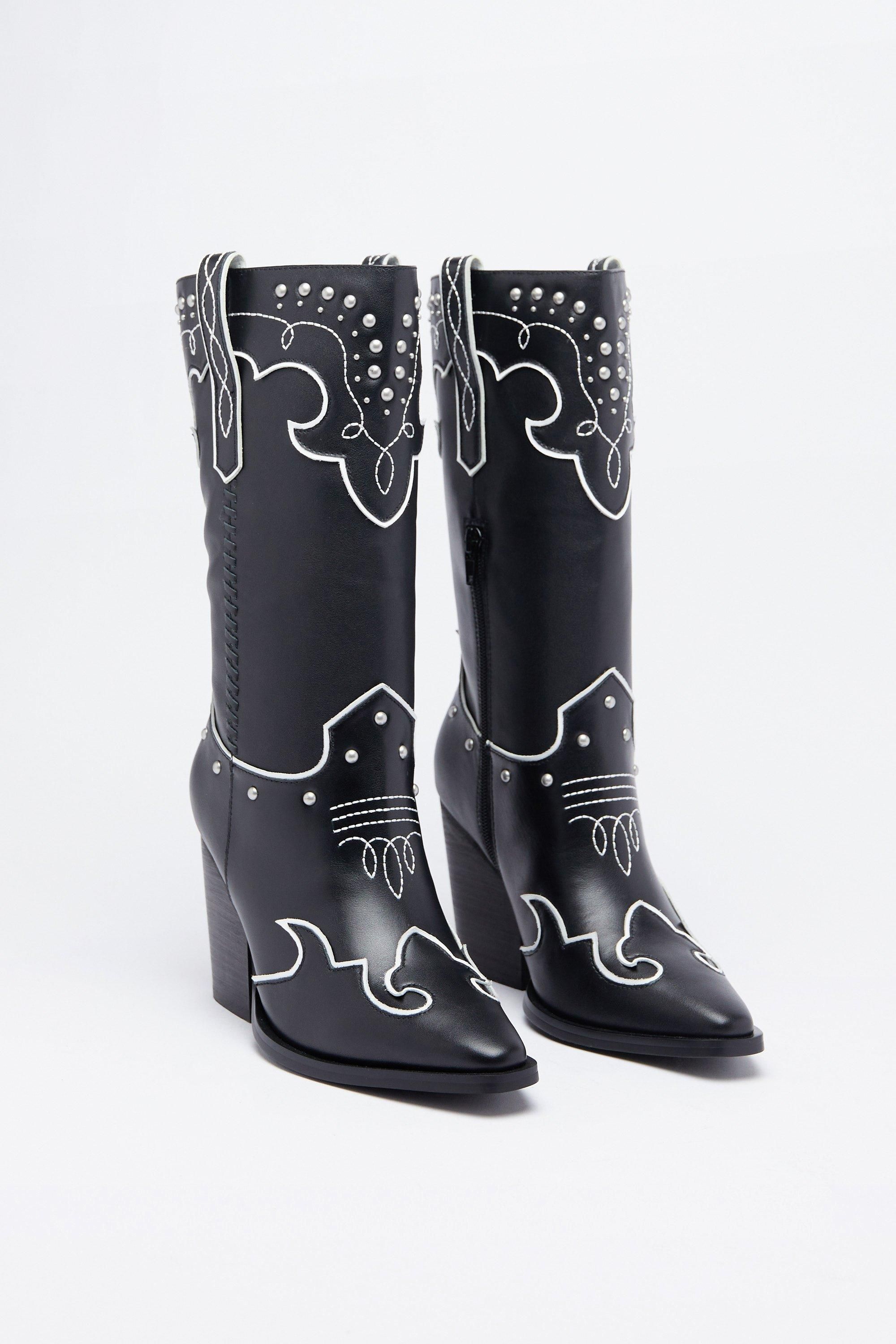 Warehouse Leather Studded Contrast Stitch Cowboy Boot