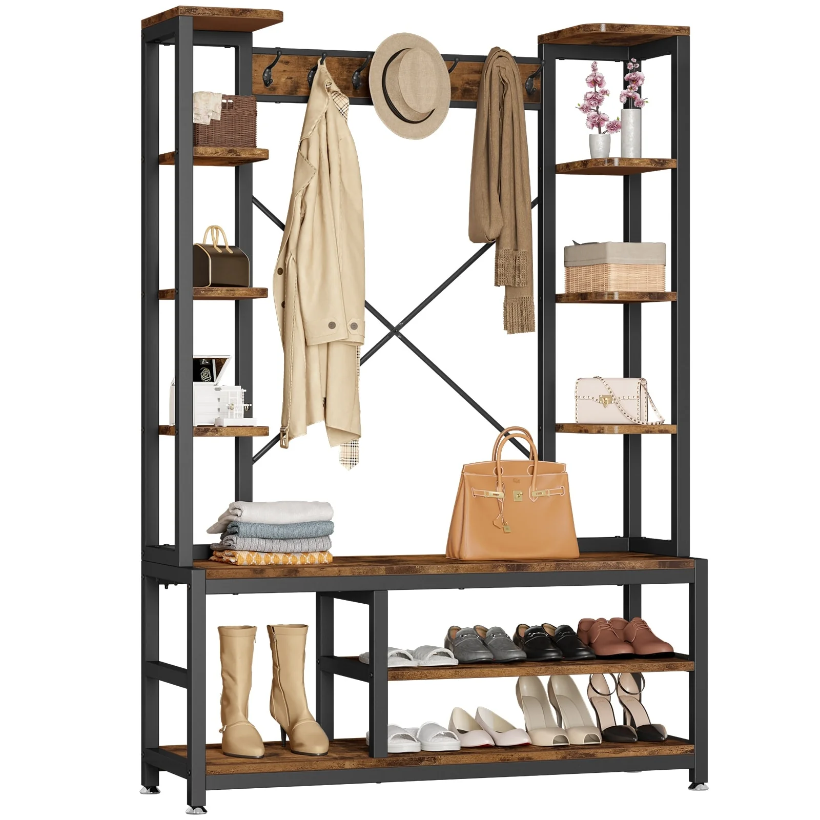 Moasis Freestanding Coat Rack Shoe Bench with 7 Hooks for Entryway Hallway