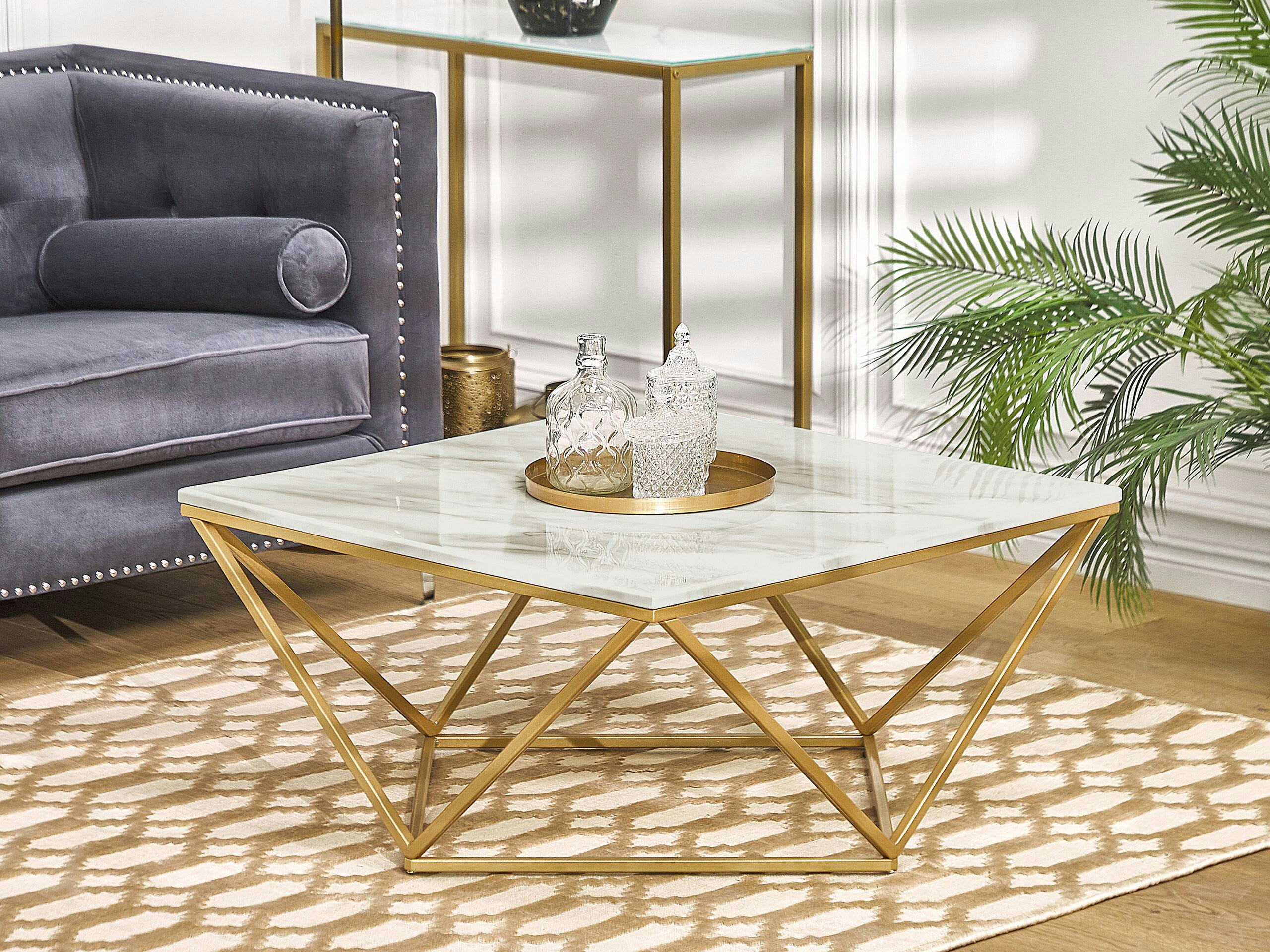 MALIBU - Table basse effet marbre beige avec pieds dorés