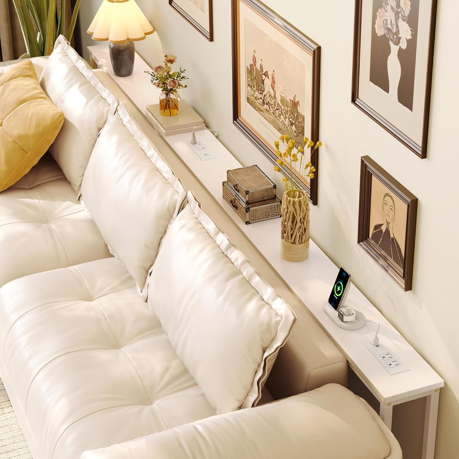 Huuger 110.2 Inch Sofa Table with Power Outlets, 23.9’’-34.4’’ Height Adjustable Range, Behind Couch Table with USB-C Ports, Sofa Tables Narrow Long, Skinny Console Table, for Small Spaces, White