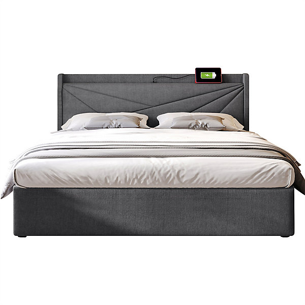 Lit rembourré lit coffre 140x200 cm lit de rangement lit tête de lit à fonction de charge usb type c lit double coton lin gris