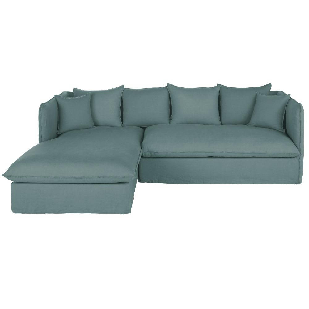 Louvain - Canapé d'angle gauche 3/4 places en lin froissé bleu céladon
