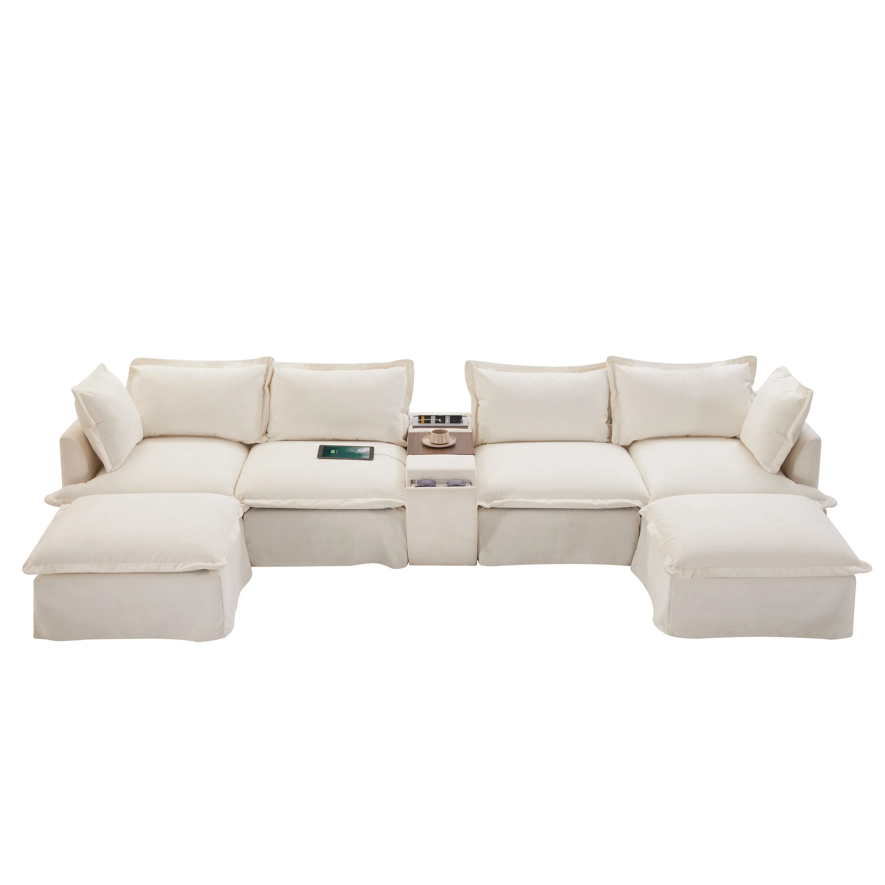Modern Skirted Modular Sectional Sofa with USB Console and Hidden Storage and Ottomans for Living Room or Guest Room