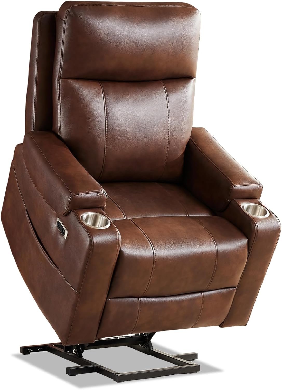 Triple Motor Power Lift Recliner Chair with Adjustable Lumbar Support, Lay Flat Recliner for Elderly, Breathable Brown Leather Recliner, Lift Chair Massage & Heating, USB Ports, Cup Holders