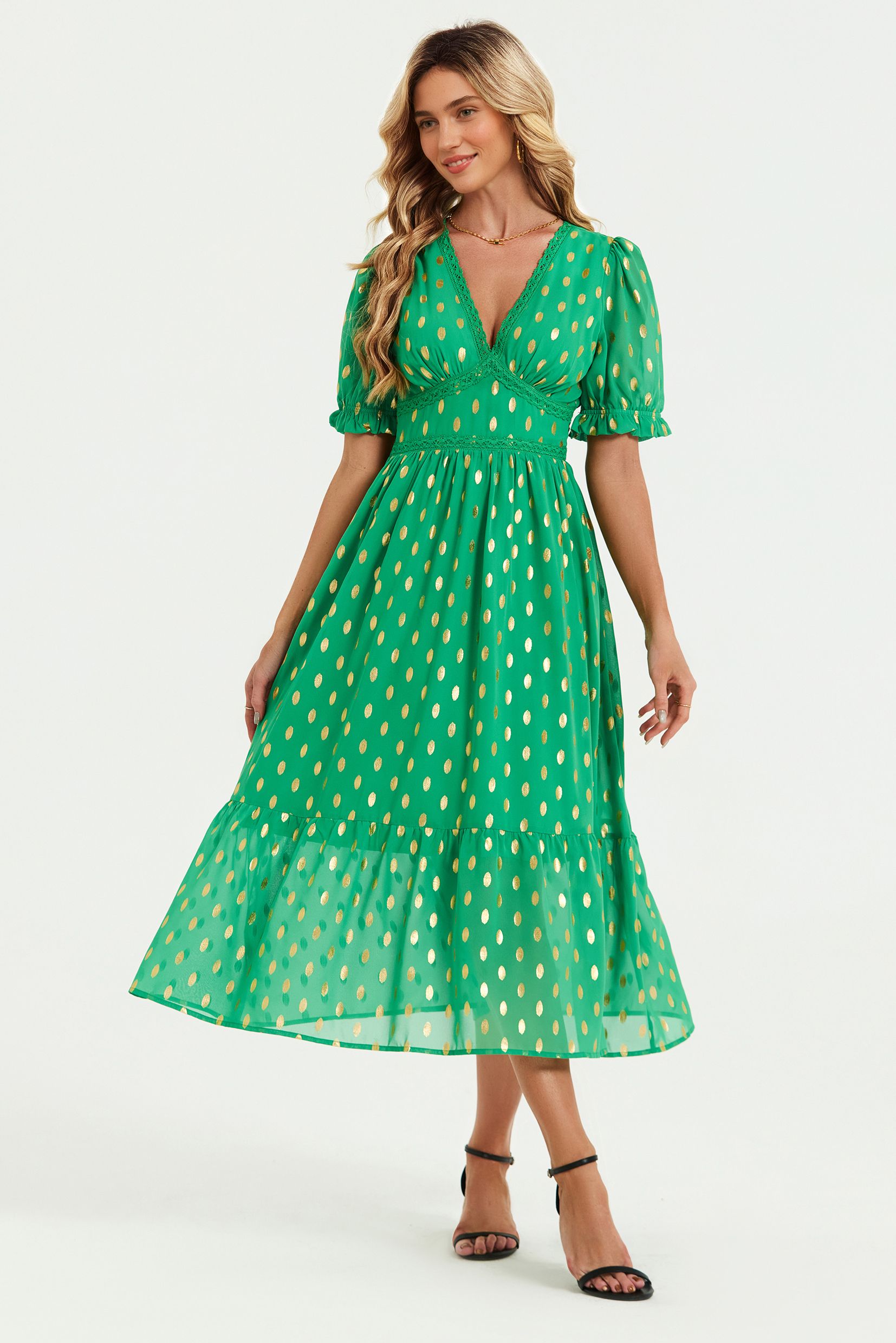 FS Collection Lace Trim Foil Midi Dress In Green