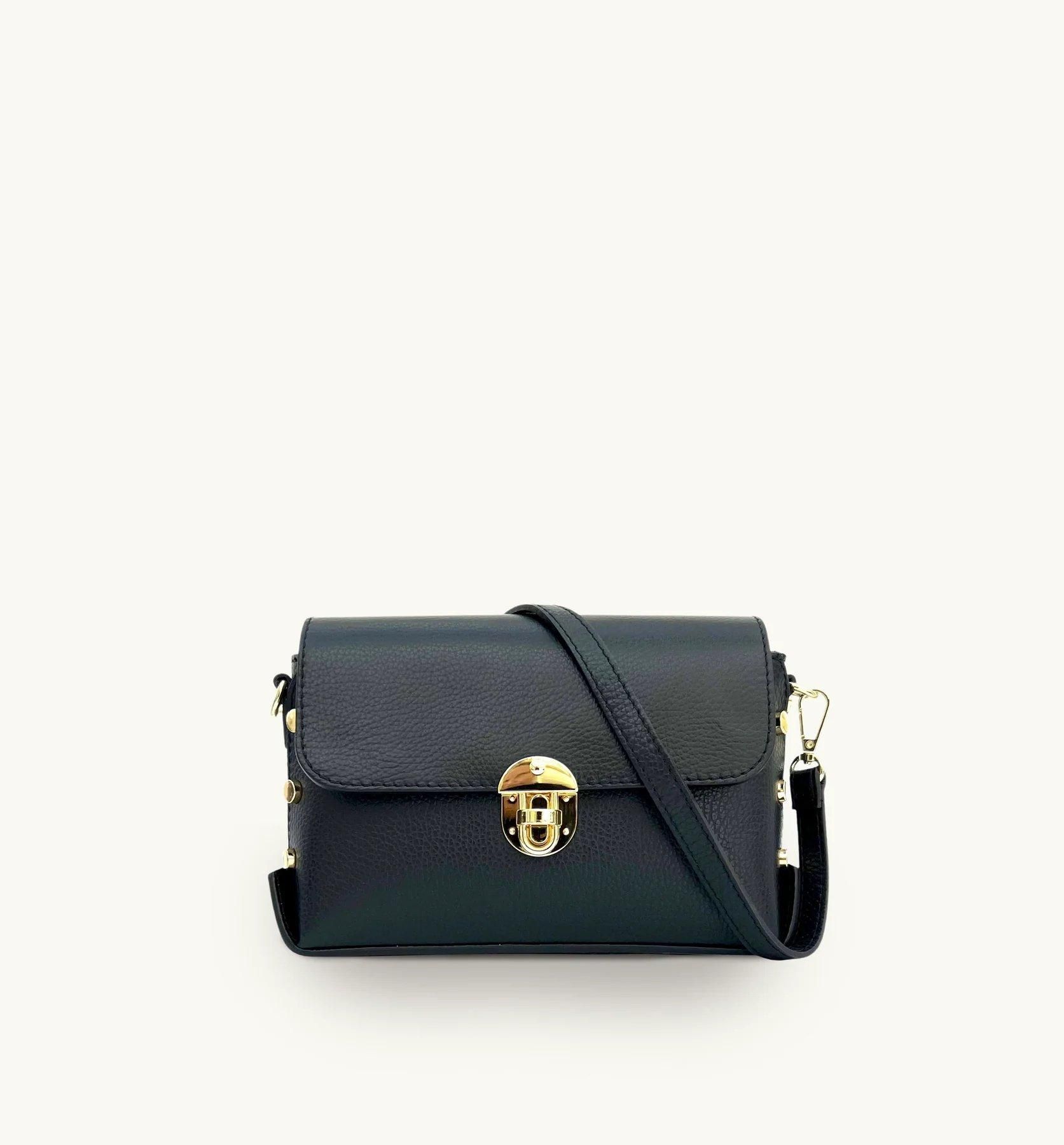 Apatchy London The Bloxsome Black Leather Crossbody Bag With Black & Gold Chevron Strap