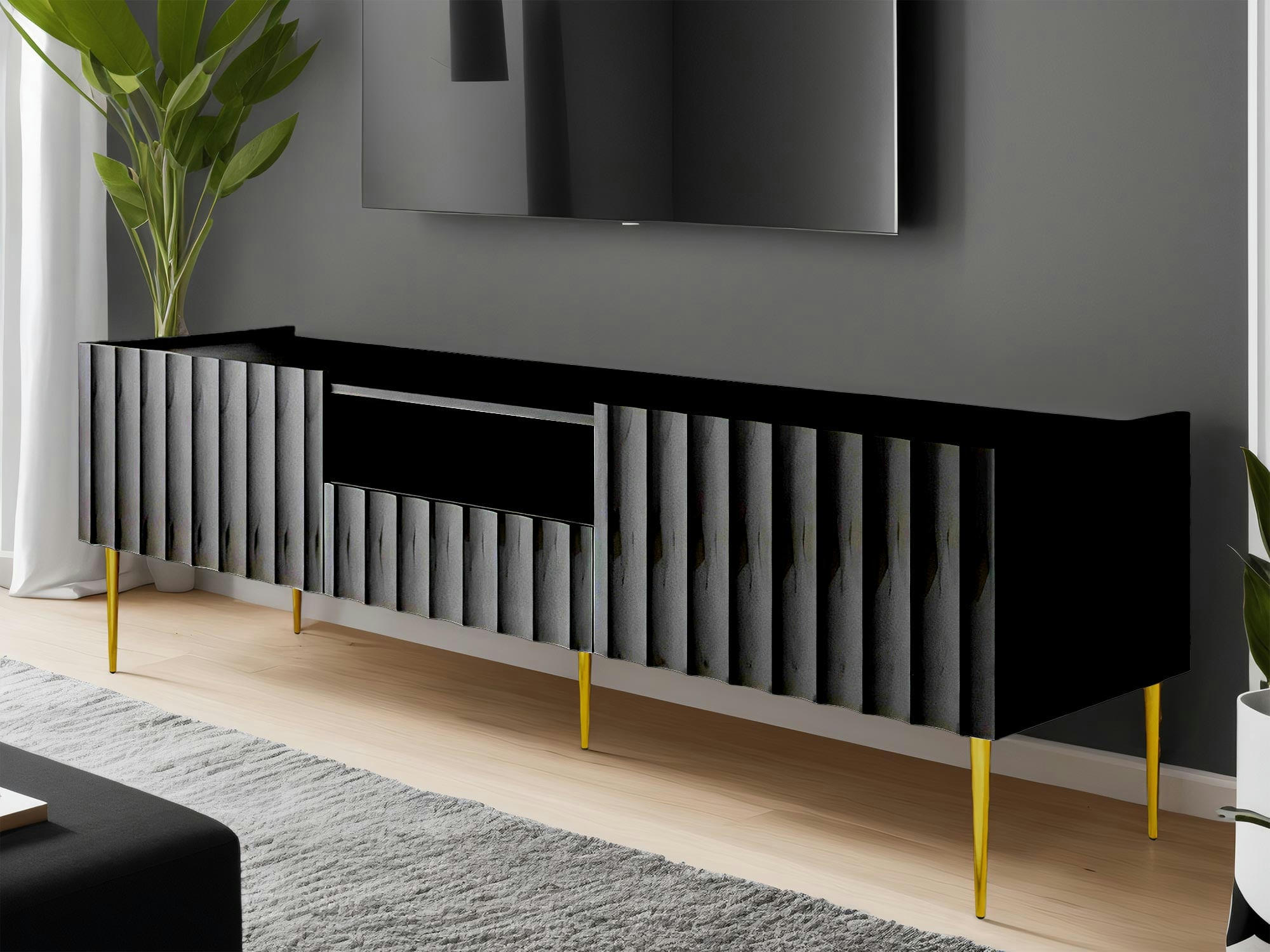 AMBRE - Meuble TV style contemporain 160 cm noir / doré