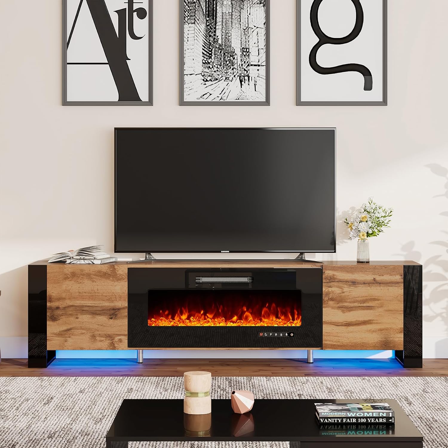 AMERLIFE Fireplace TV Stand with 36 Fireplace, 70 Modern Entertainment Center with High Gloss Doors & LED Lights, U-Shaped Legs TV Console Cabinet for TVs Up to 80, Rustic Oak