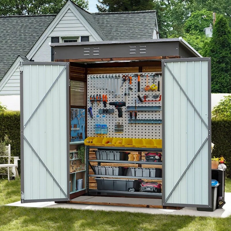 3x5FT Iron-Wood Combination Tool Shed, Stylish Cedarwood with Waterproof Paint, Dark Gray Iron Doors and Roof