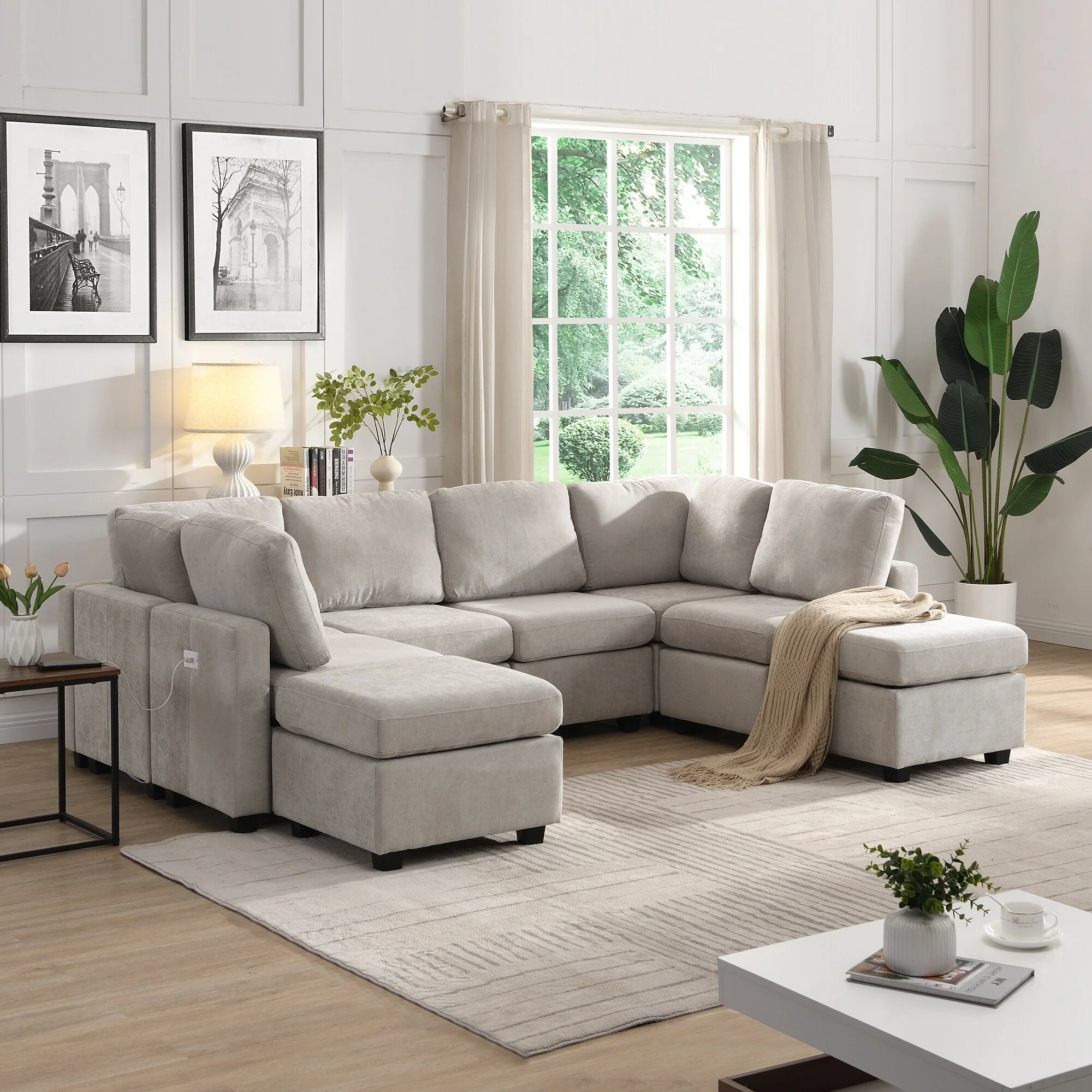 Modern Modular Sectional Sofa with Movable Ottomans and USB Ports for Versatile Seating in Contemporary Living Spaces