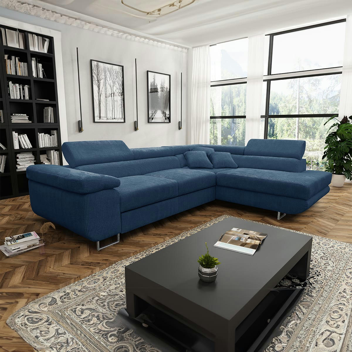 - Canapé d'angle convertible droit 4 places coffre velours côtelé bleu