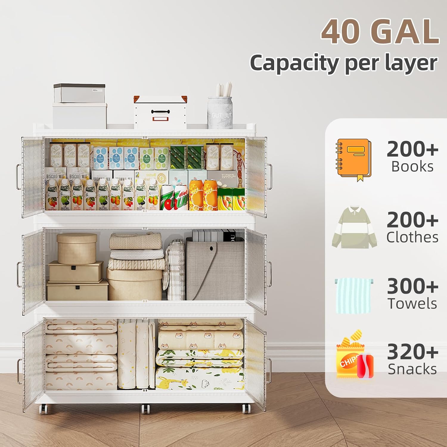 SAILUN 150Gal Extra Large Stackable Storage Bins with a Lid, Collapsible Storage Bins With Doors and Wheels, Foldable Storage Cabinet for Garage Closet Organization, White, 3Pack