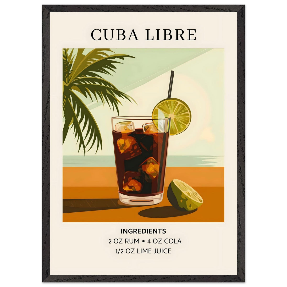 Artfulprints Poster met Lijst Cuba Libre cocktail - Ingrediënten  - 50x70 cm - Bruin