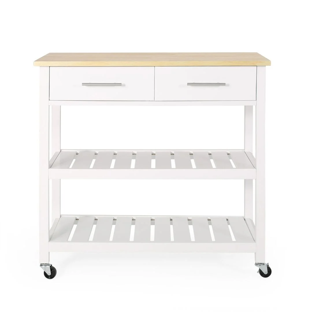 Modern White Wood Kitchen Cart with Wheels Drawers and Shelves by Christopher Knight Home