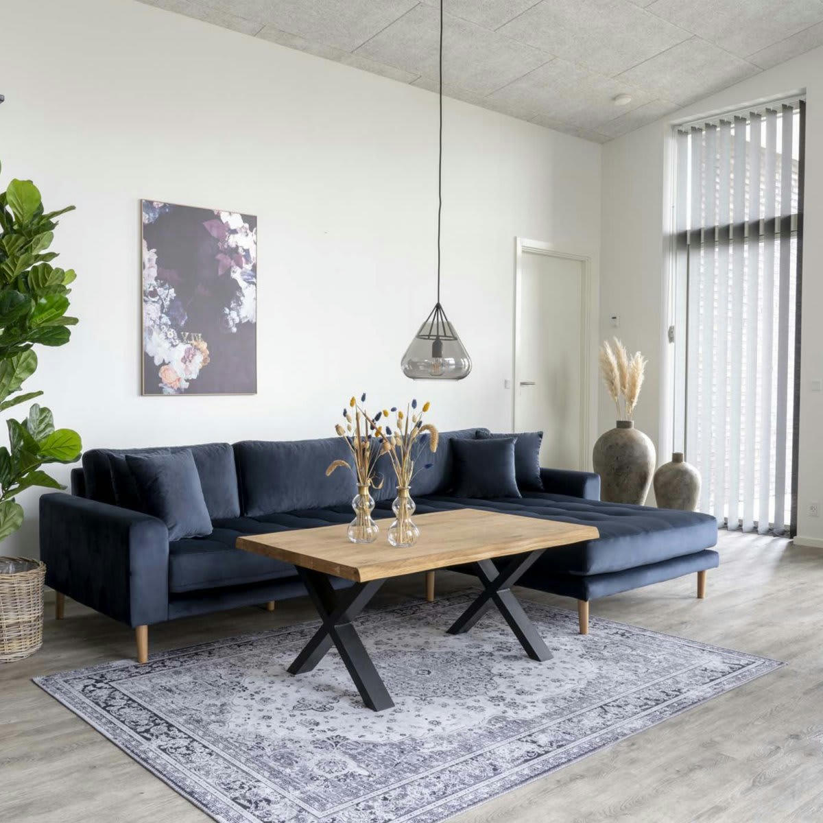 MILIME - Canapé d'angle droit en velours bleu