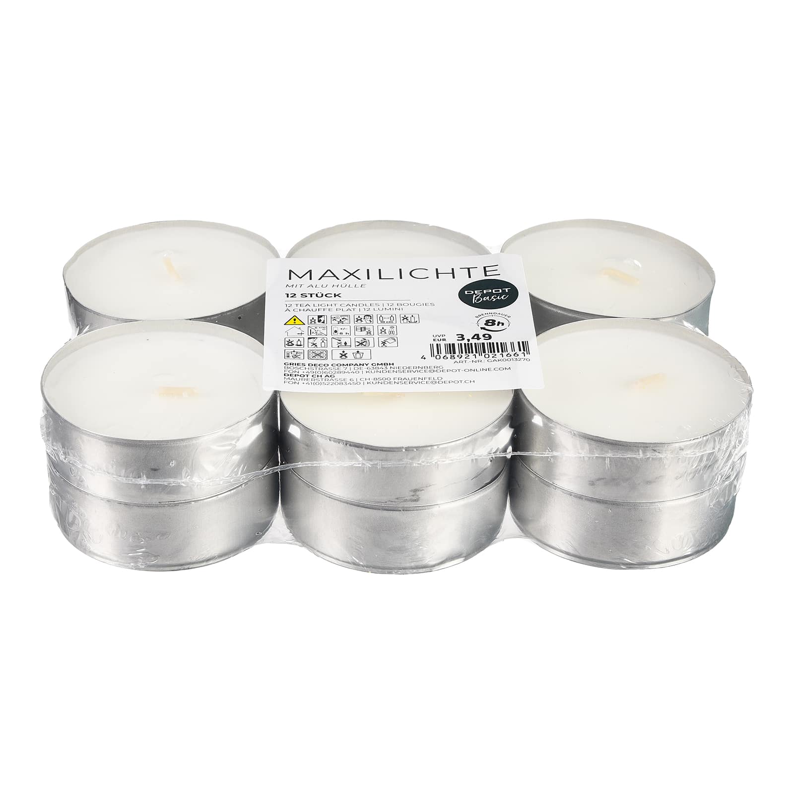 Basic Maxi-Teelichter Weiß, 12 Stück