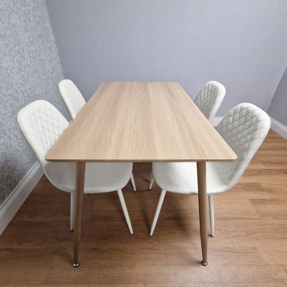 KOSY KOALA Wood Dining Table Set with 4 White Faux Leather Chairs