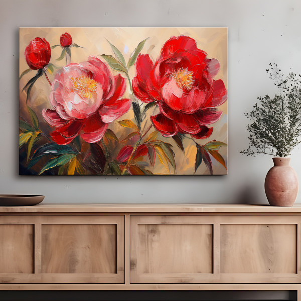 Feeby Obraz na płótnie, Czerwone Piwonie Kwiaty Rośliny Malowane 60x40