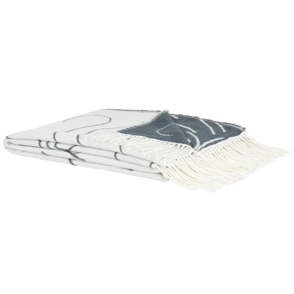 LEOF - Plaid motifs tissés jacquard blancs et noirs à franges 170x130