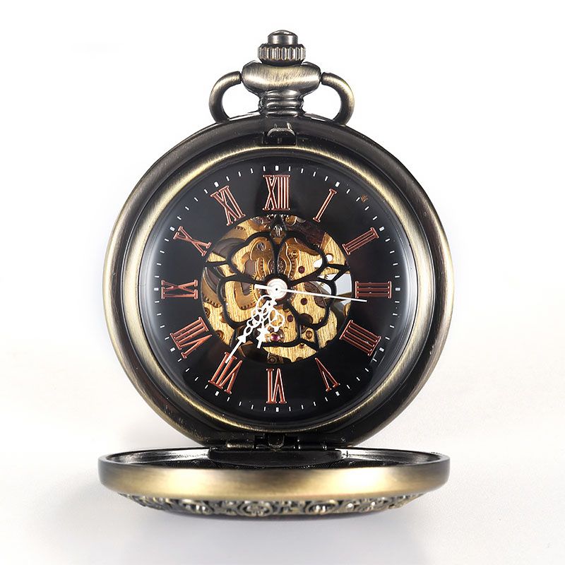 Infinity Leather Vintage Wooden Skeleton Half Hunter Alloy Pocket Watch