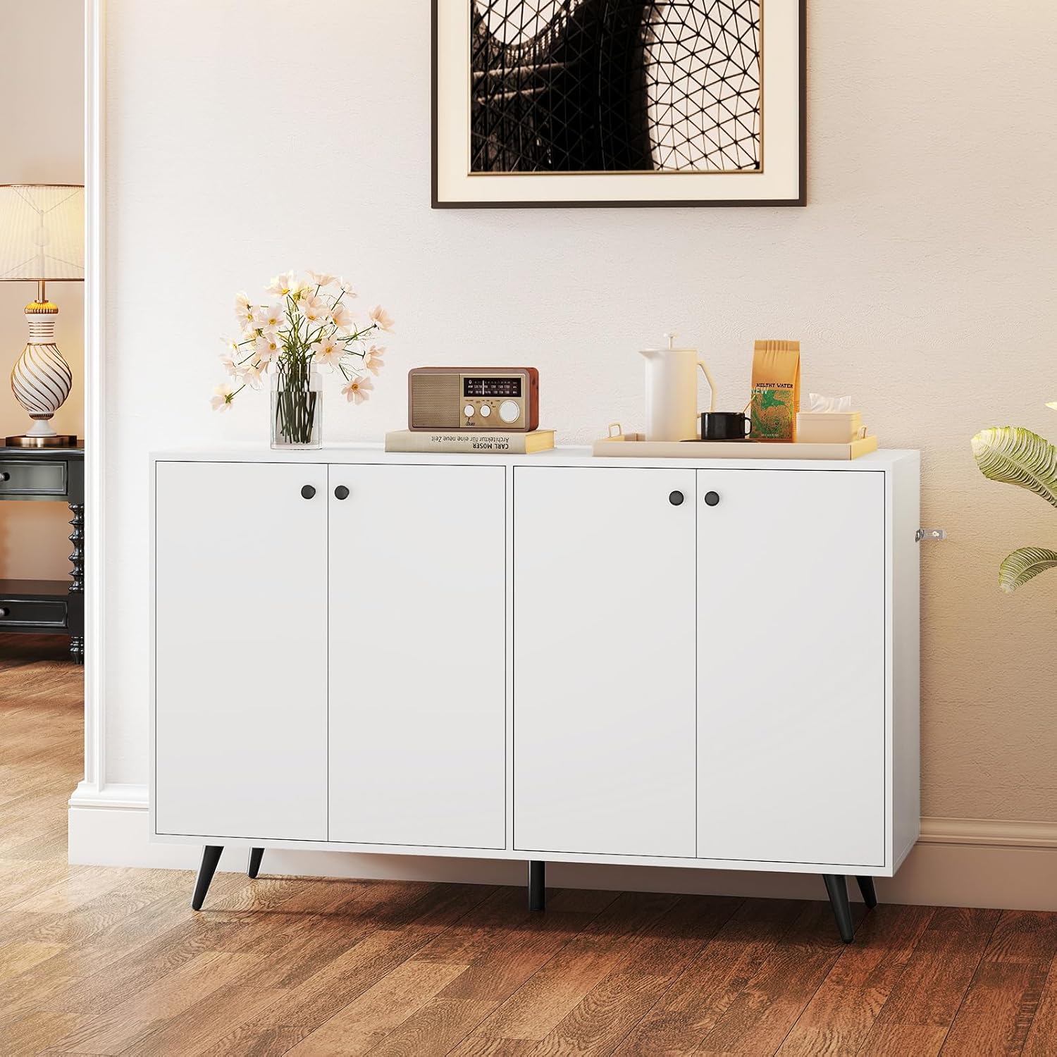 Giantex Sideboard Buffet Cabinet, 50’’ Accent Kitchen Storage Cabinet with 4-Door & 5-Position Adjustable Shelves, Modern White Sideboard with 5 Support Legs, Buffet Table for Coffee Bar, Living Room