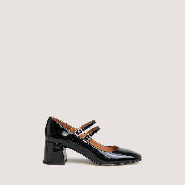 Babies à talons moyens et brides à bouclesen vernis plissé noir | ALIENAR