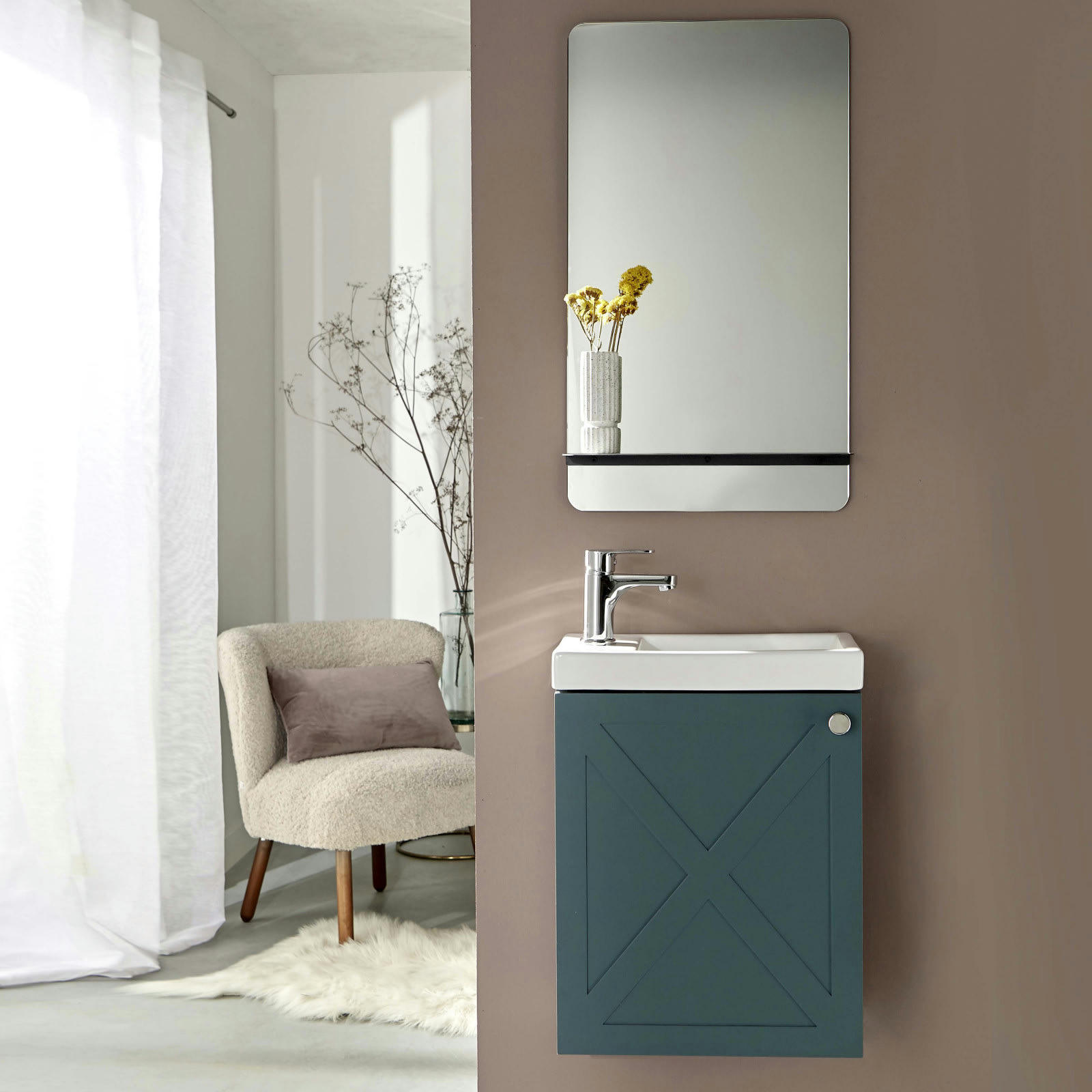 AVA - Meuble lave-mains  vert de gris + miroir tablette blanche + rob chromé
