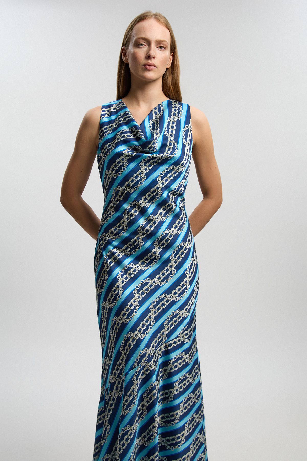 KarenMillen Chain Print Hammered Satin Cowl Neck Dress