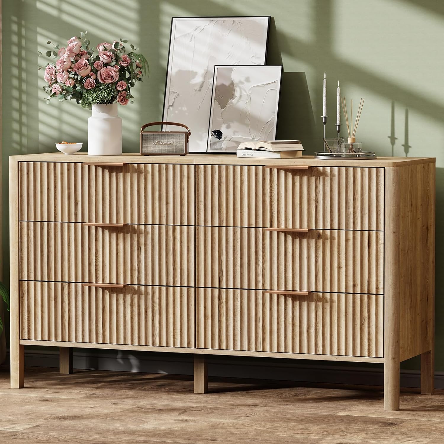 55 Wide Fluted 6 Drawer Dresser for Bedroom, Wooden Dresser Modern Chest of Drawers TV Stand Dressers with Organizer Storage for Bedroom, Living Room, Entryway, Hallway, Oak