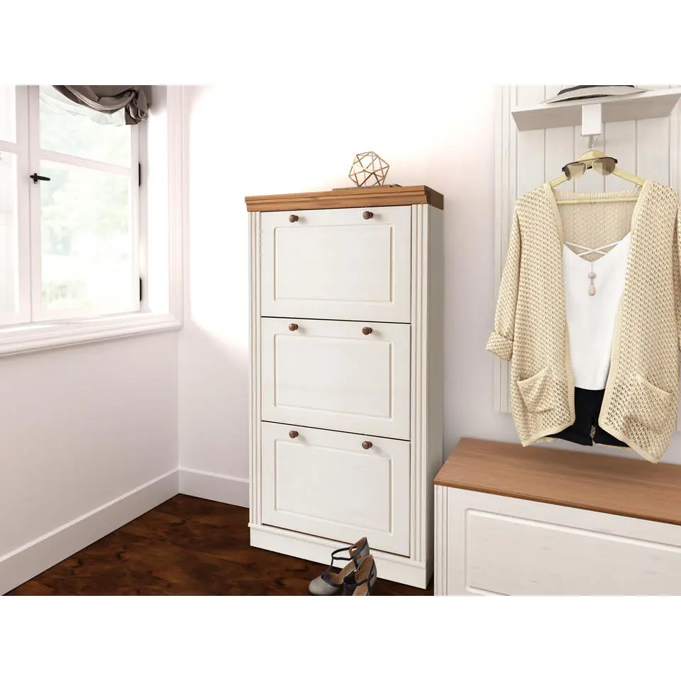 Anita - Schoenenkast met 3 kleppen in wit/natuurlijk grenen