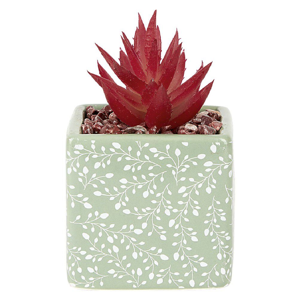 Petite plante grasse artificielle pot en grès motif végétal blanc