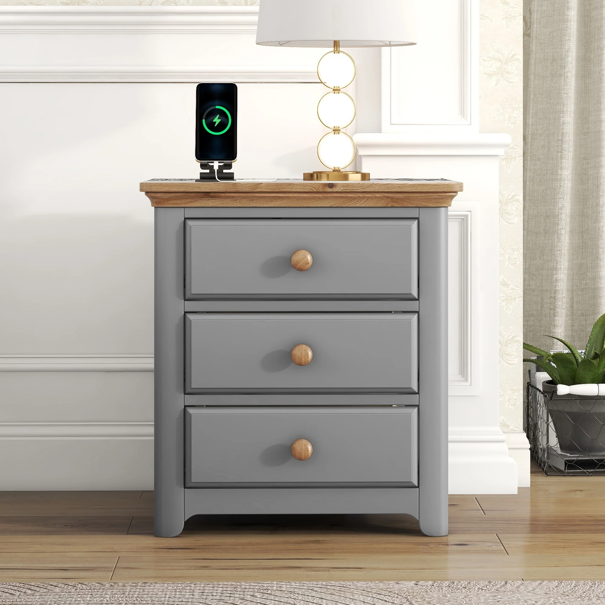 3-Drawer Wooden Bachelors Chest Nightstand with USB Charging Ports, End Table for Bedroom