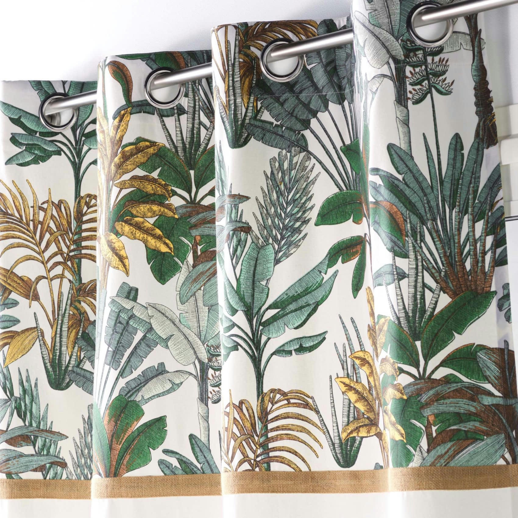 BALINESIA - Rideau imprimé feuillage avec toile de jute coton blanc/vert 240x140cm