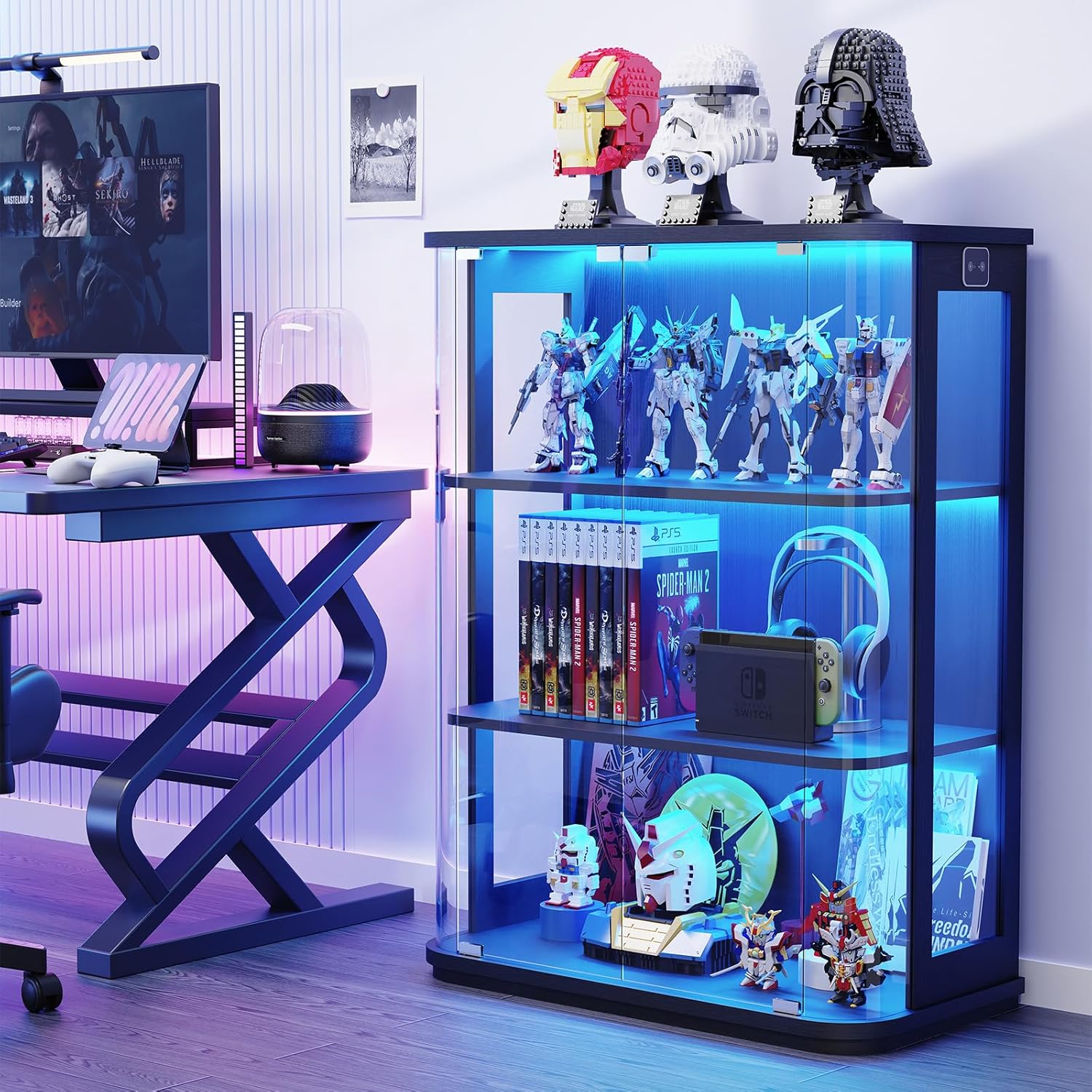 BROTTAR Rounded Display Cabinet with Glass Door, 3-Tier Curio Cabinet with 3 Color Lights for Collectibles, Glass Display Case with Transparent Full-Display Surface, Human Body Sensor, Black